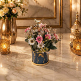 Home Sajawat artificial floral arrangement with pink and white flowers in a navy blue planter with gold bird accent