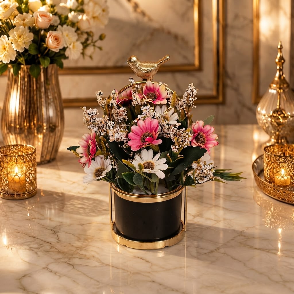 Home Sajawat artificial floral arrangement with pink and white flowers in a black planter with a gold bird accent.