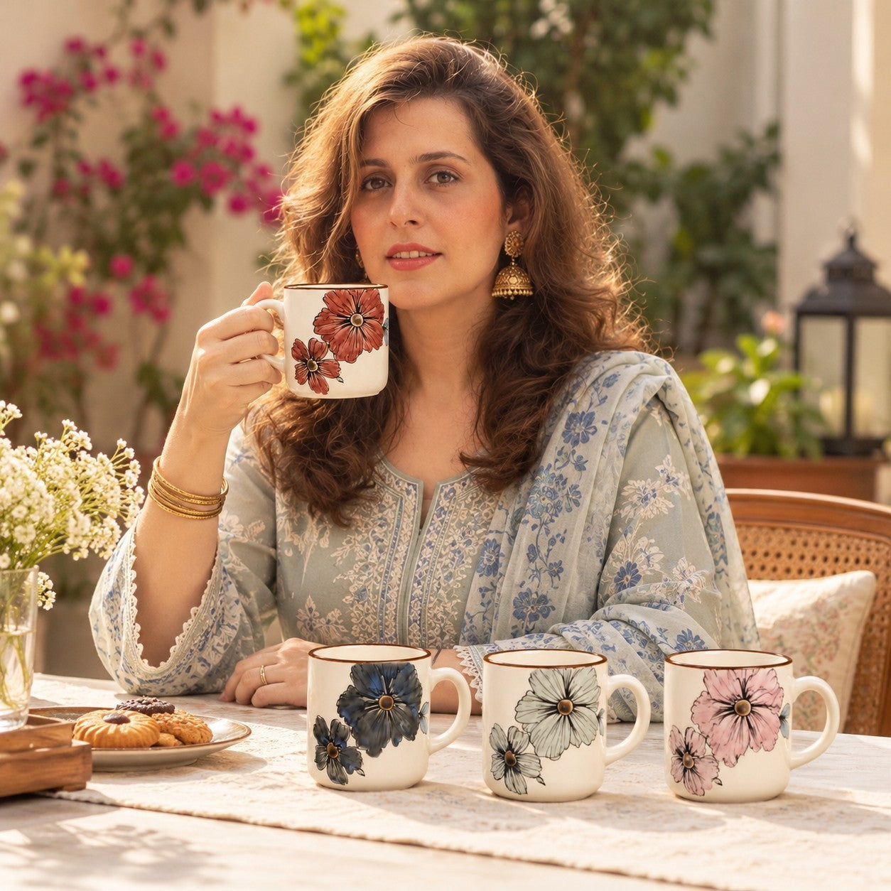 Home Sajawat ceramic coffee mug set with floral interior patterns, displayed by a woman on a sunny outdoor patio.