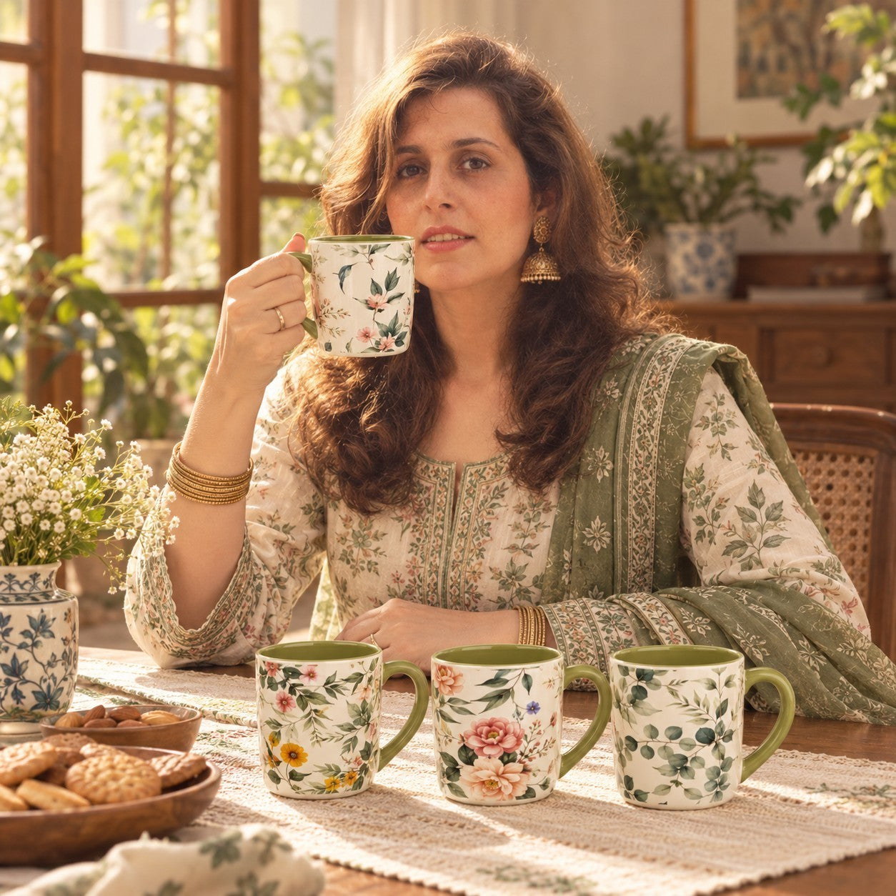 Home Sajawat ceramic coffee mug set featuring floral interior patterns, displayed on a table with a woman drinking.