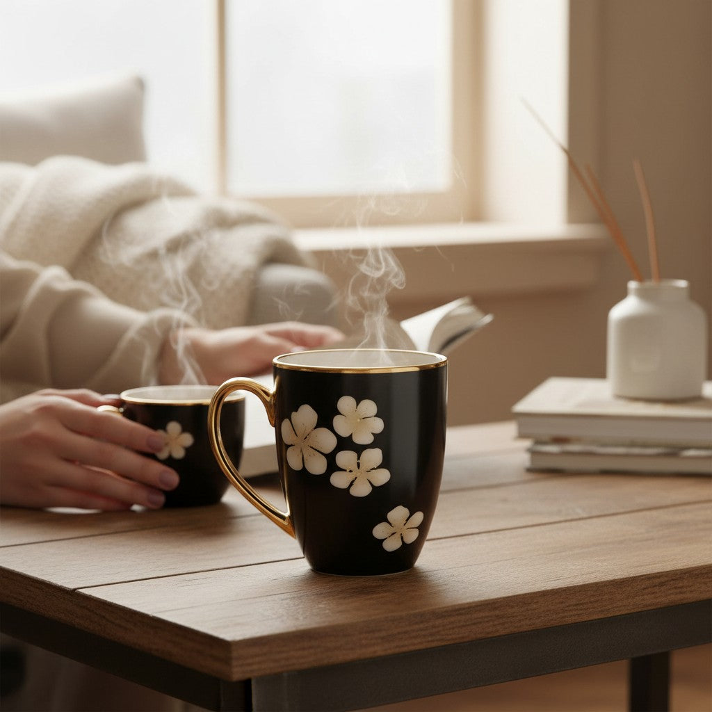 Home Sajawat black ceramic mug with white floral pattern and gold handle, steaming on a wooden table.
