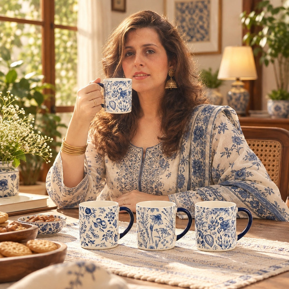 Home Sajawat ceramic coffee mug set featuring blue and white botanical floral patterns on a wooden dining table
