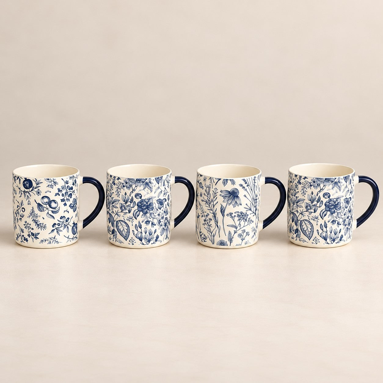 Home Sajawat set of four ceramic coffee mugs with blue and white botanical floral patterns and dark blue handles.
