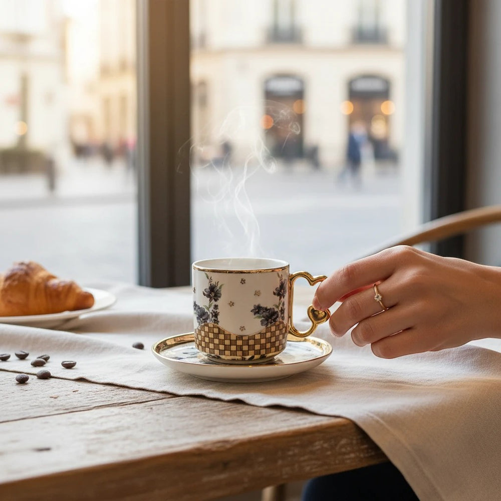 Home Sajawat ceramic coffee cup and saucer set with charcoal floral pattern, gold accents, and heart-shaped handle.
