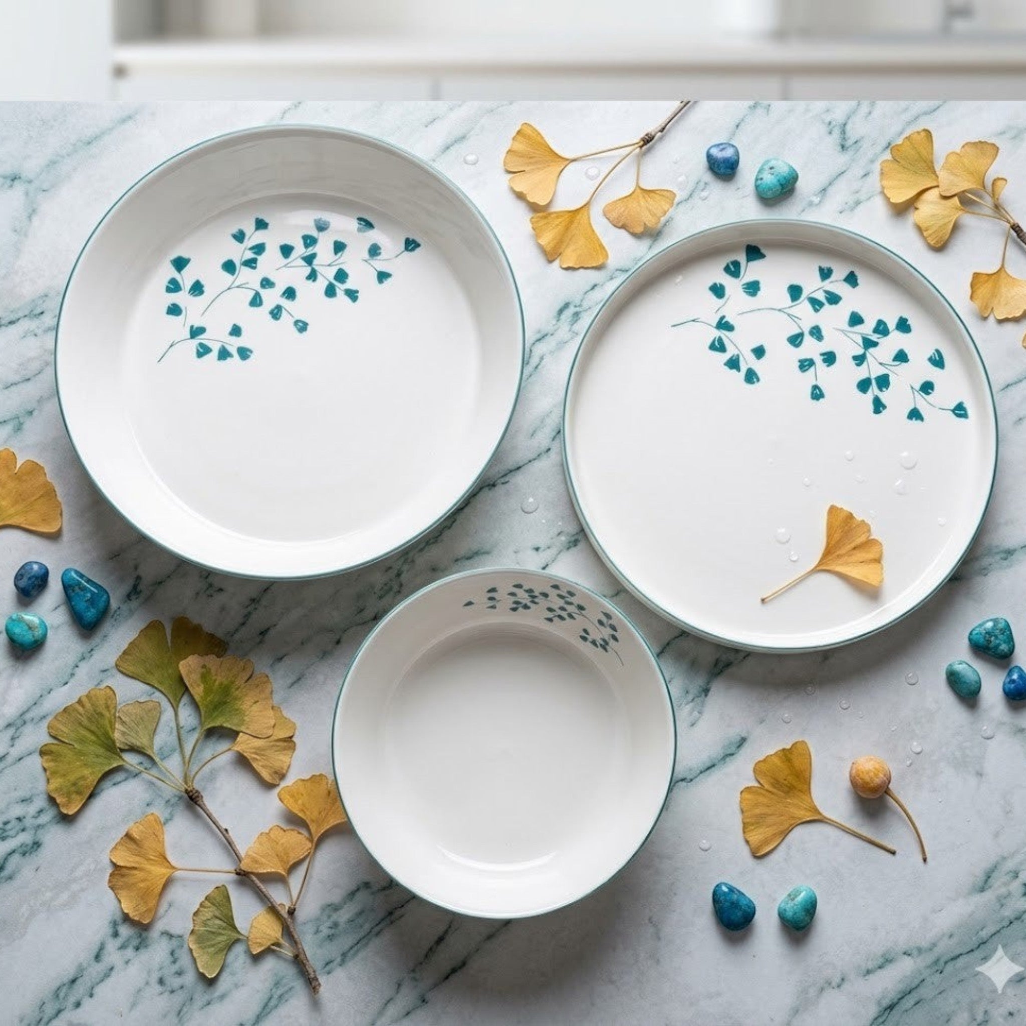 Home Sajawat white porcelain serving platter with teal floral design and teal rim. Perfect for appetizers or desserts.