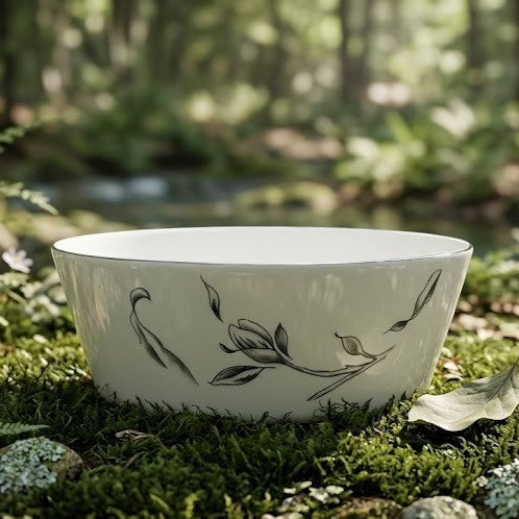 Home Sajawat white porcelain serving platter with floral design and black trim, set in a forest.