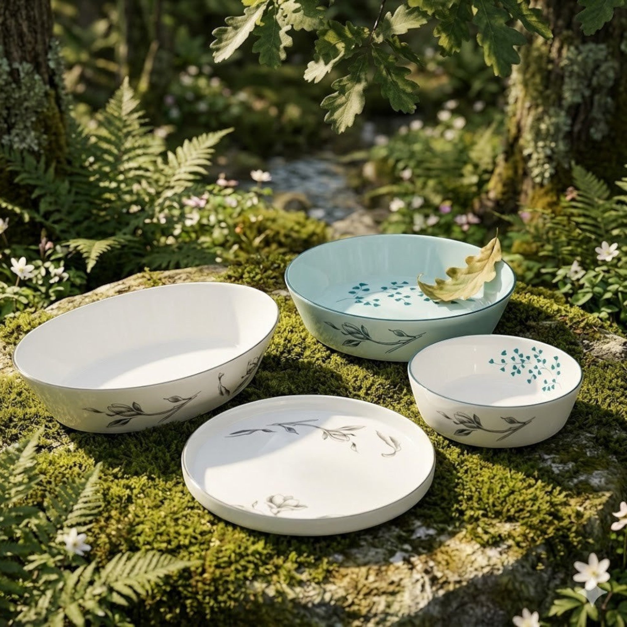 Home Sajawat white porcelain serving platter with floral design and black trim, set in a natural outdoor scene.
