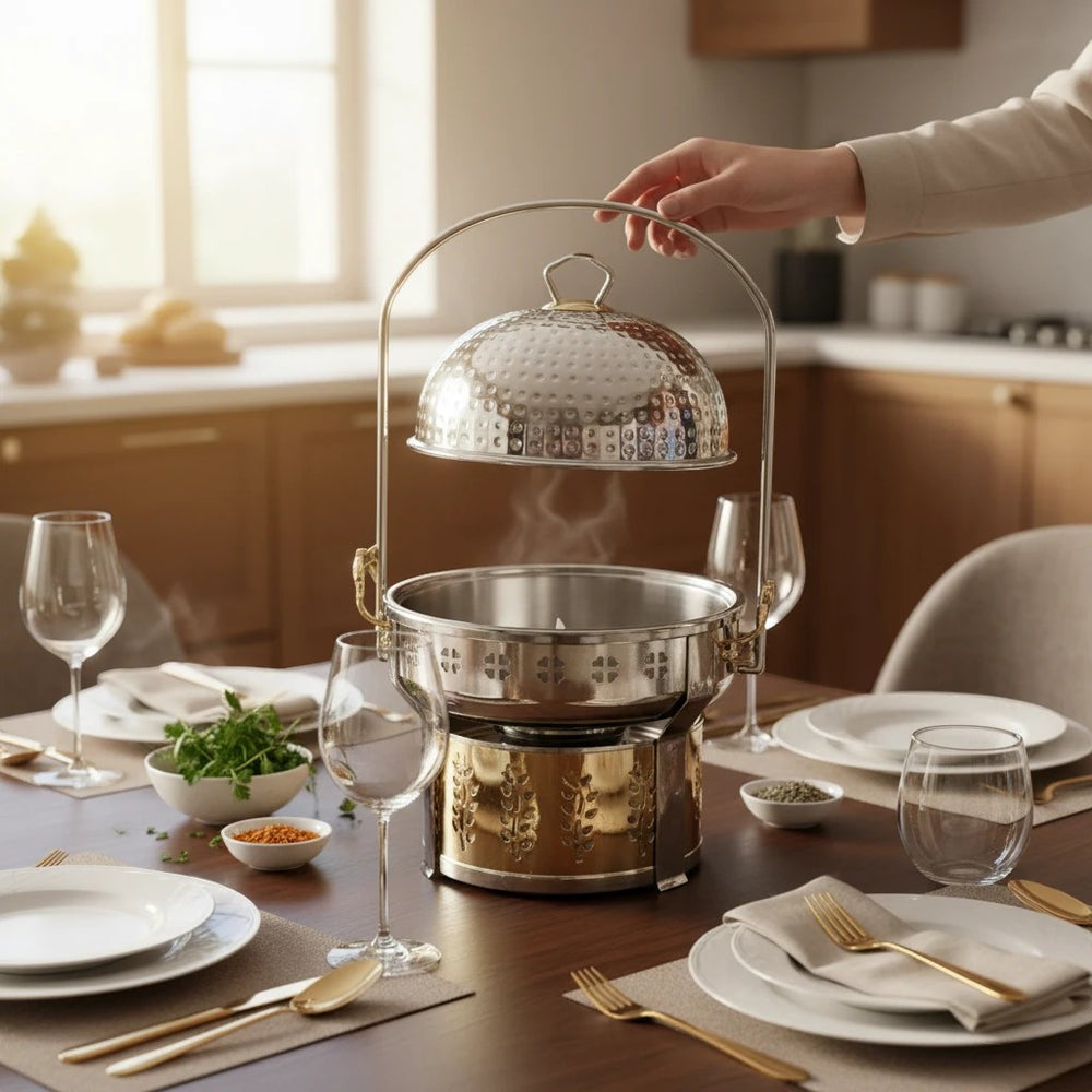 Home Sajawat decorative serving food warmer with lid and stand, stainless steel with hammered lid and embossed gold stand.