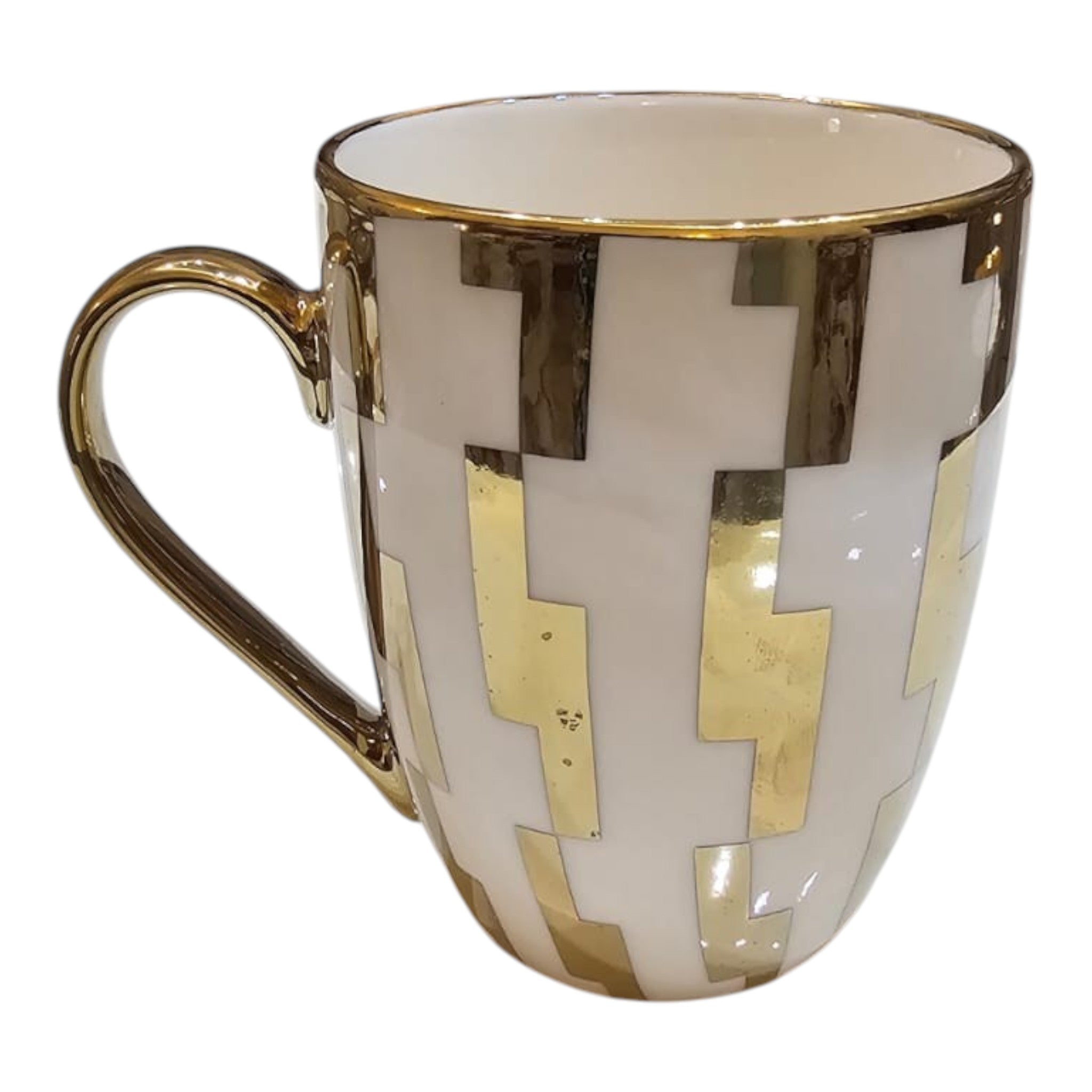 Home Sajawat ceramic coffee mug with white and gold geometric pattern and a polished gold handle.