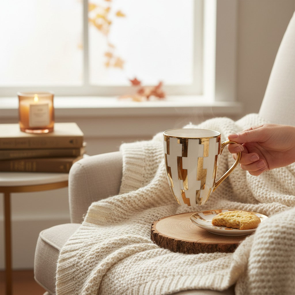 Home Sajawat ceramic mug with gold geometric pattern and handle, held in a cozy setting with a knit blanket.