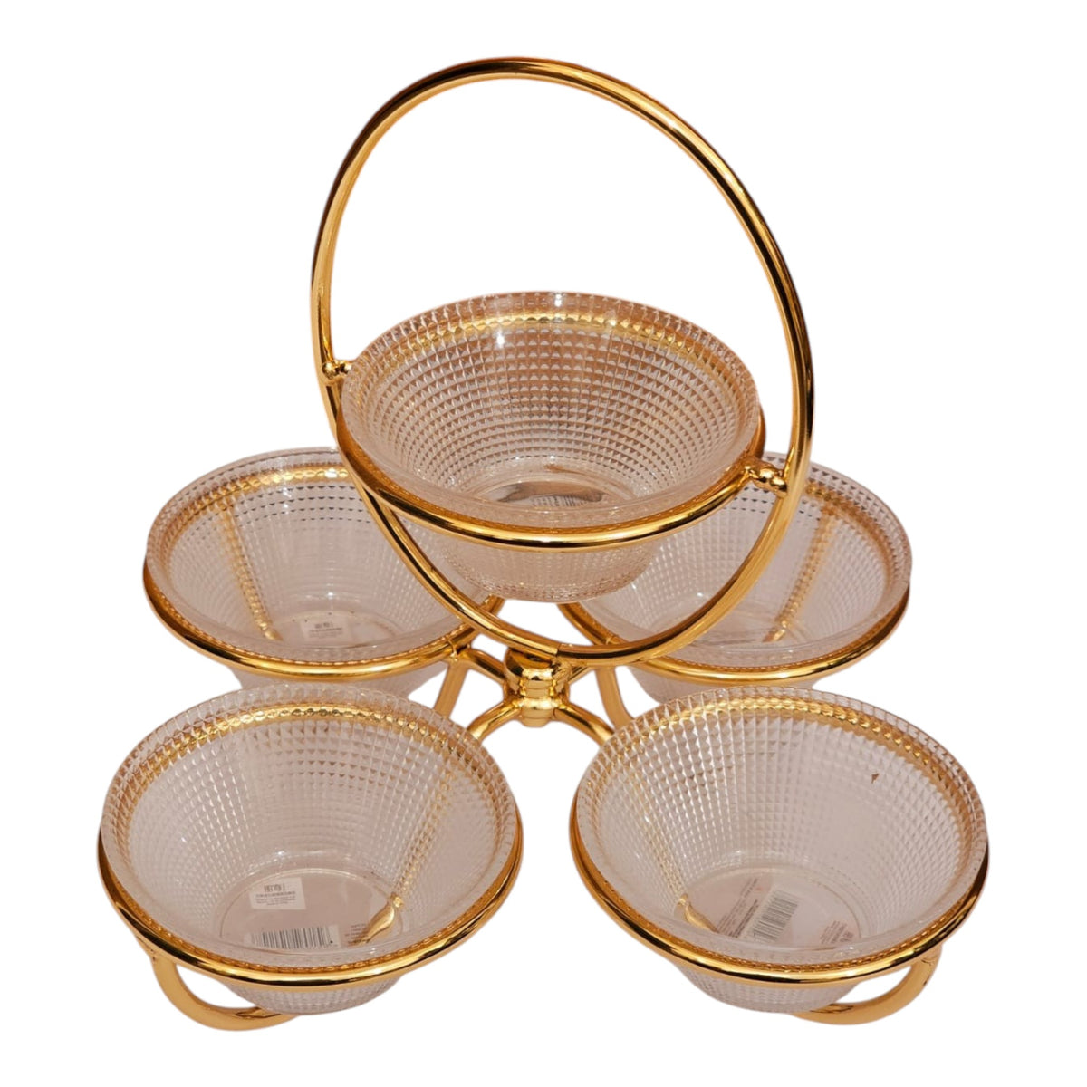 Home Sajawat decorative glass serving bowl set with a gold-toned metal stand and textured clear glass bowls.