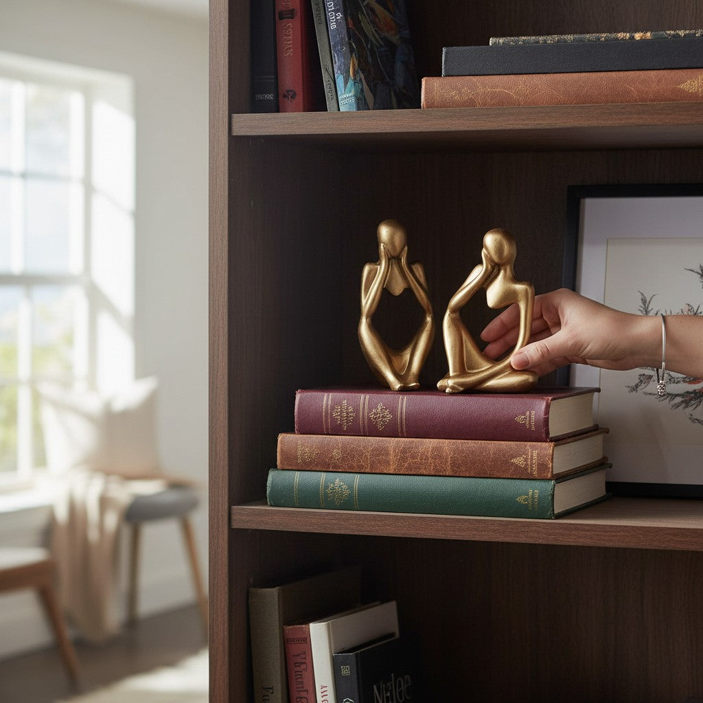 Home Sajawat gold abstract thinker statues displayed on a bookshelf with books, held by a hand.