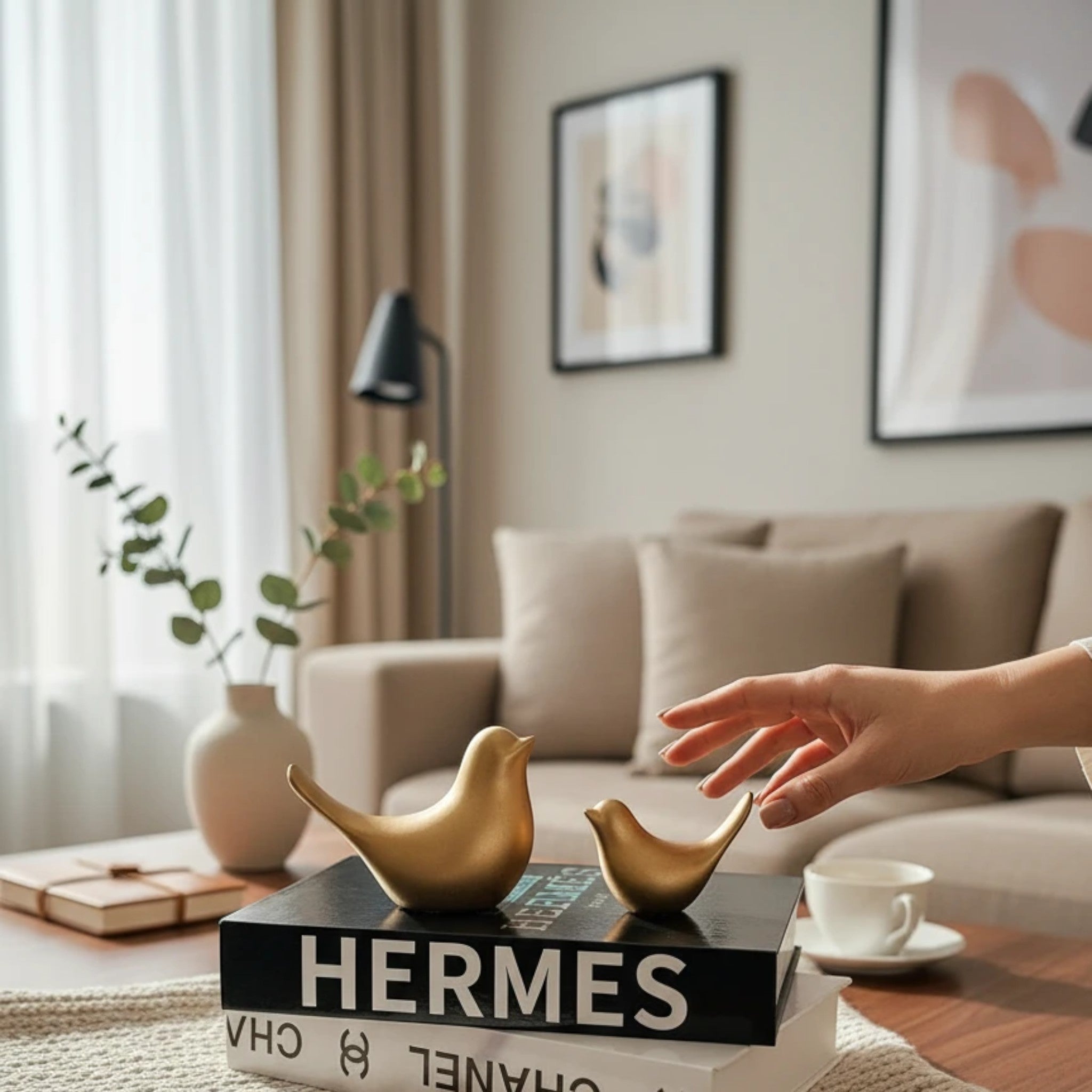 Home Sajawat set of two matte gold bird figurines displayed on designer coffee table books in a modern living room