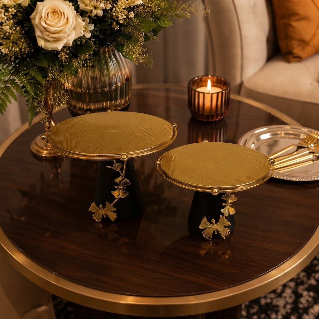 Home Sajawat decorative pedestal stands with gold textured circular tops and black bases featuring butterfly accents.