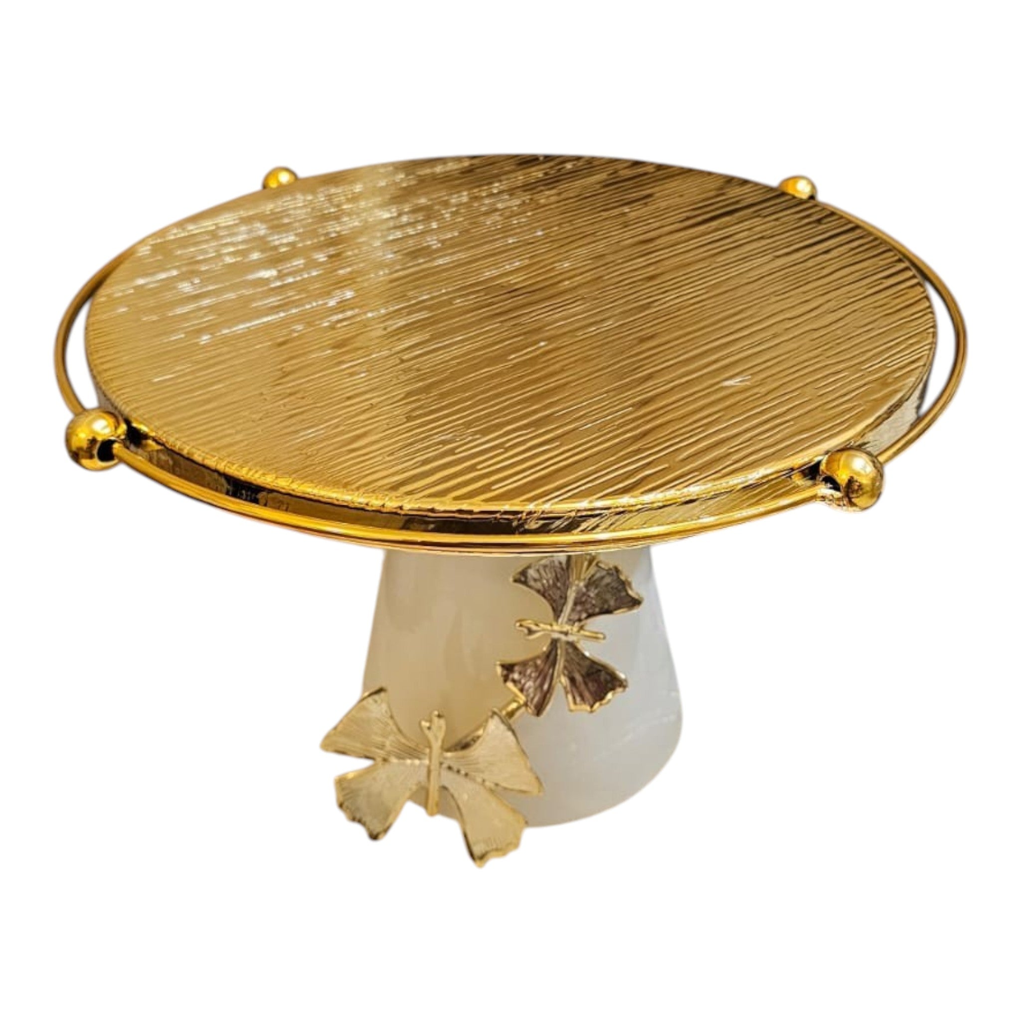 Home Sajawat decorative gold butterfly cake stand with textured gold top and creamy white base.
