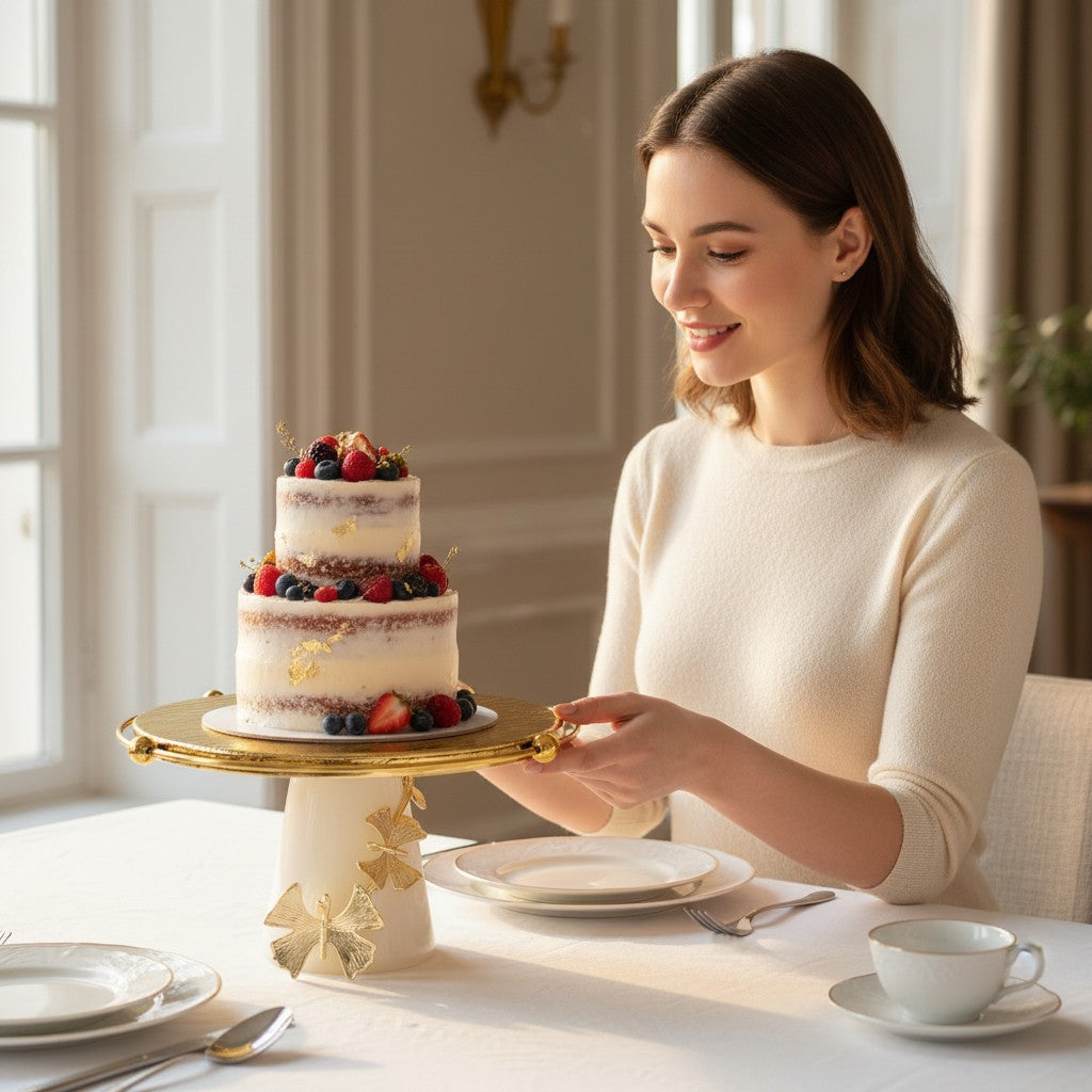 Home Sajawat decorative gold butterfly cake stand with textured gold top and creamy white base.