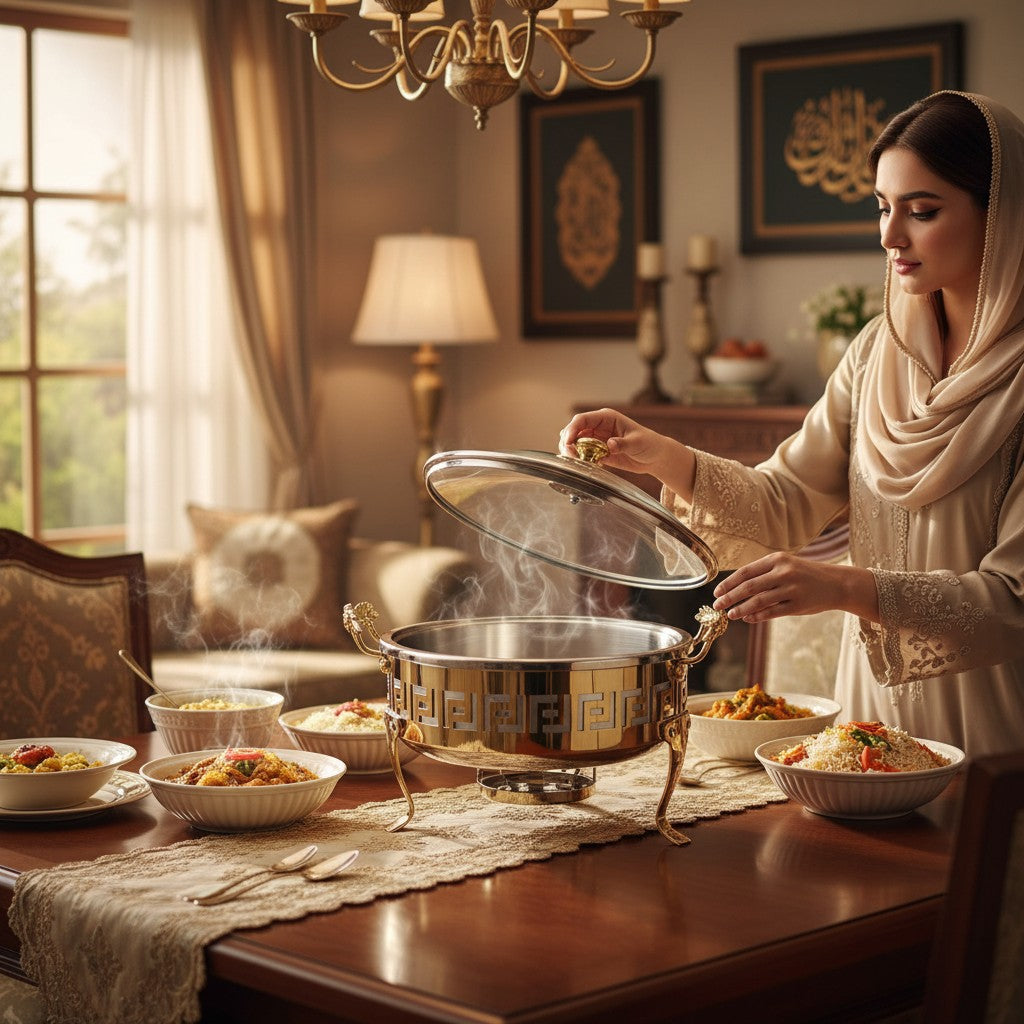 Home Sajawat decorative stainless steel chafing dish with gold-tone Greek key pattern and glass lid.