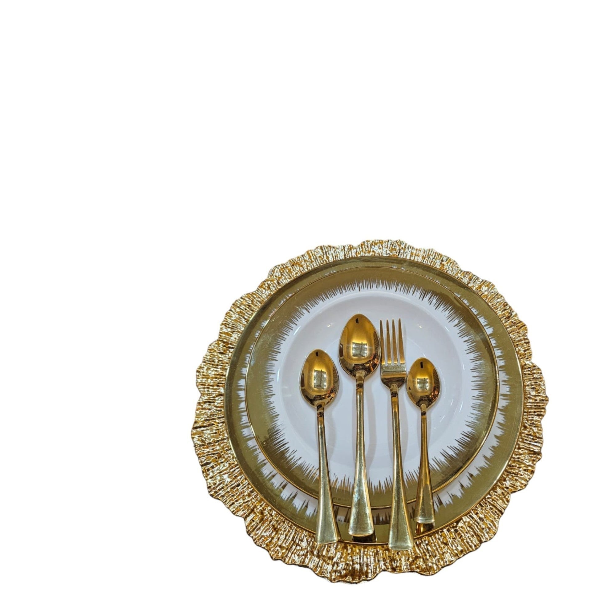 Home Sajawat gold textured charger plate with stainless steel cutlery set including fork and spoons.