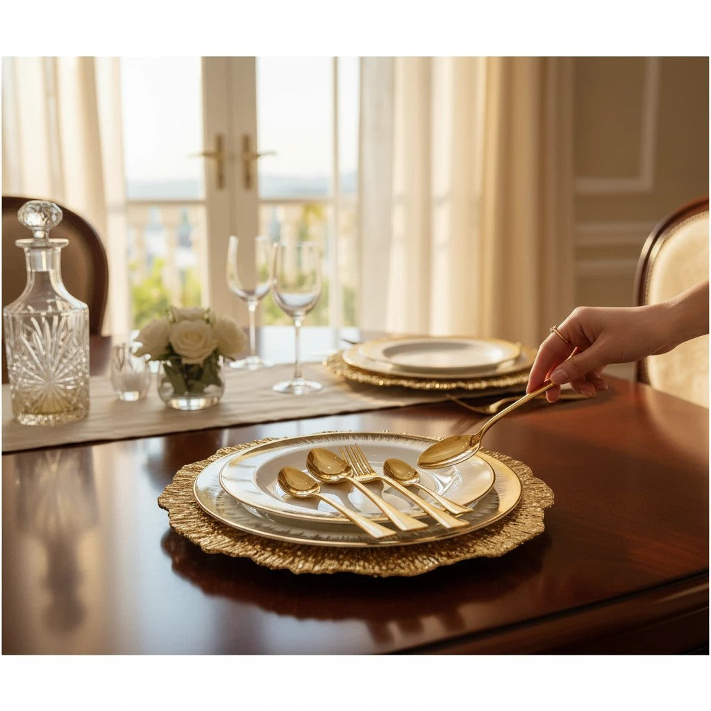 Home Sajawat gold textured charger plate with stainless steel cutlery set, including fork and spoons.