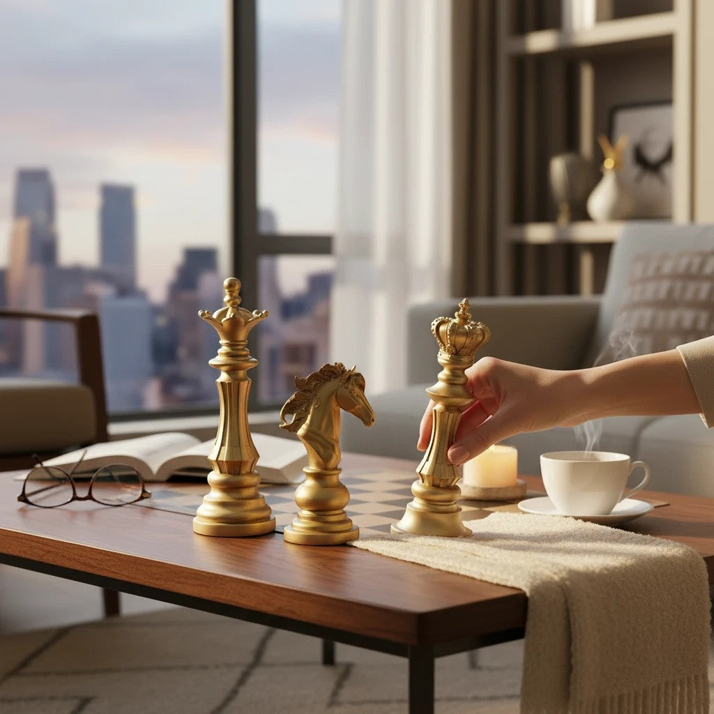 Home Sajawat gold decorative chess set featuring King, Queen, and Knight figurines on a coffee table.