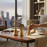 Home Sajawat gold decorative chess set featuring King, Queen, and Knight figurines on a coffee table.