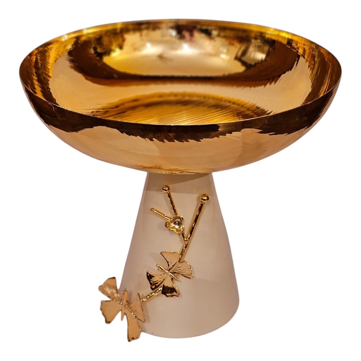 Home Sajawat decorative pedestal bowl with a high-shine gold interior and a cream base featuring gold floral accents.