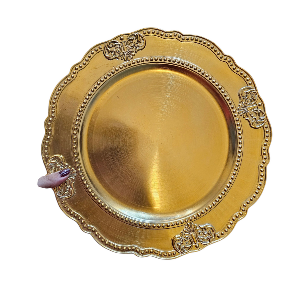 Home Sajawat gold decorative charger plate with ornate beaded rim and scrollwork details for elegant table settings