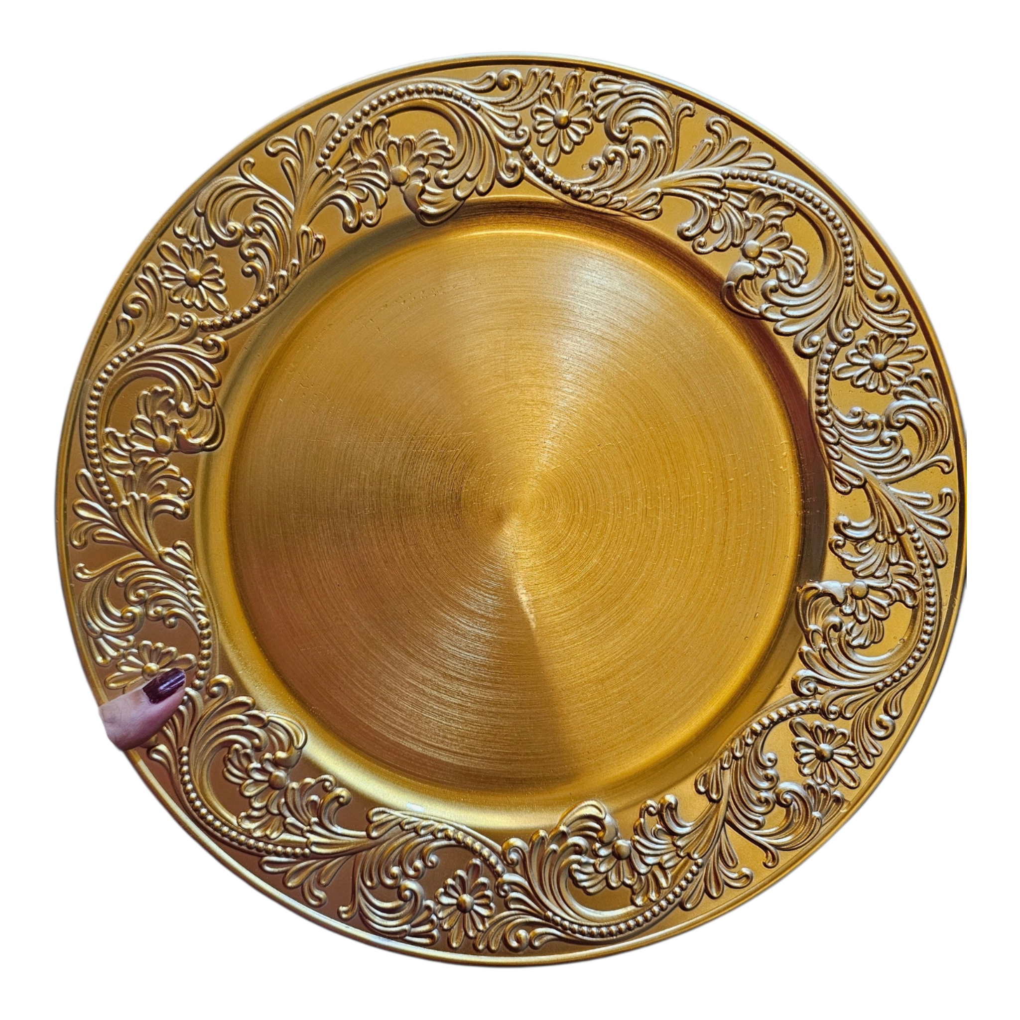 Home Sajawat decorative gold charger plate featuring intricate floral scrollwork and a polished center for elegant dining.