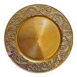 Home Sajawat decorative gold charger plate featuring intricate floral scrollwork and a polished center for elegant dining.
