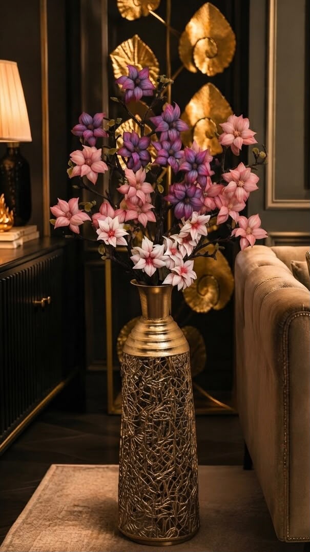 Home Sajawat decorative floor vase with pink and purple artificial magnolia flowers in a gold filigree metal vase.