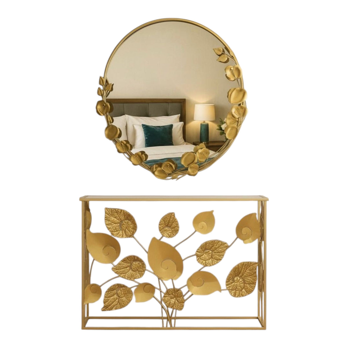 Home Sajawat gold metal console table and round wall mirror set with botanical leaf motifs for elegant home decor.
