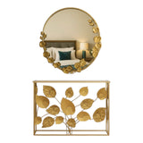 Home Sajawat gold metal console table and round wall mirror set with botanical leaf motifs for elegant home decor.
