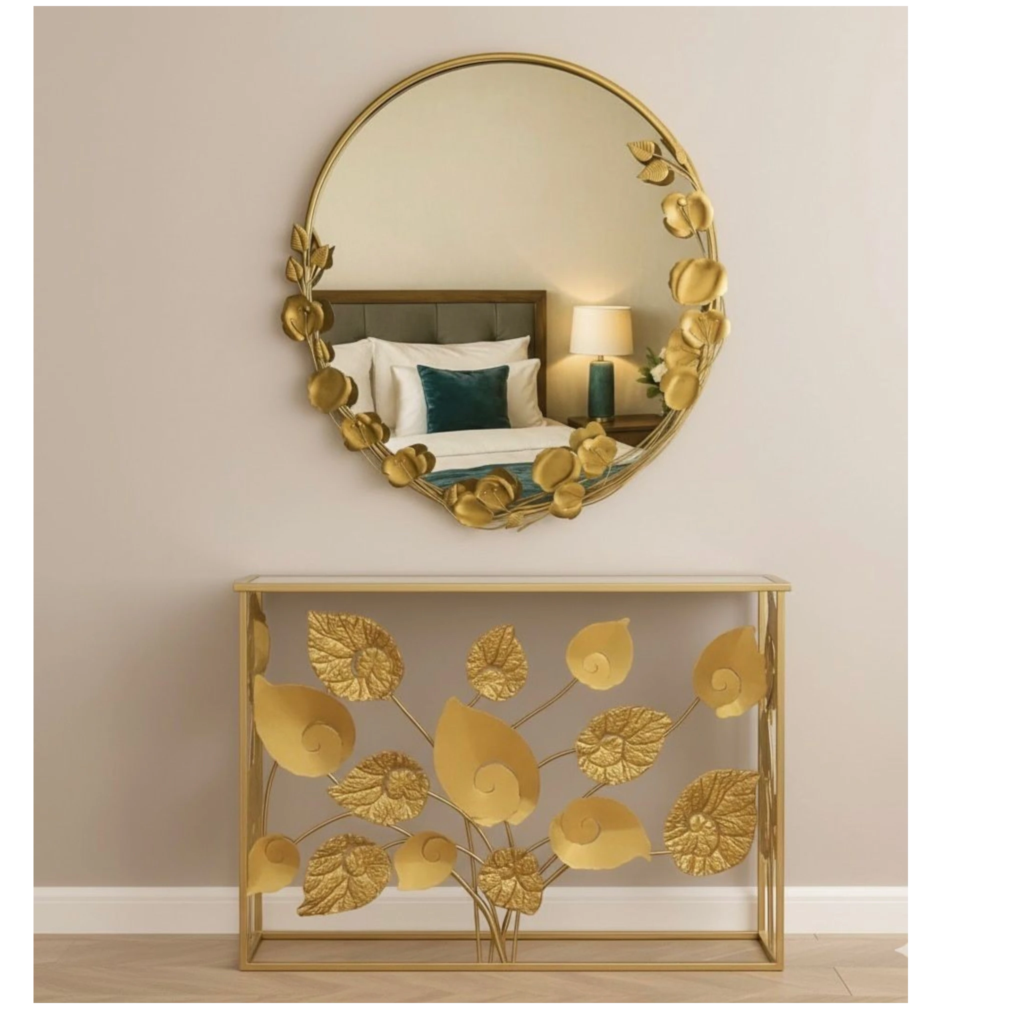 Home Sajawat gold metal round mirror and console table set with sculpted botanical leaf motifs for elegant home decor.