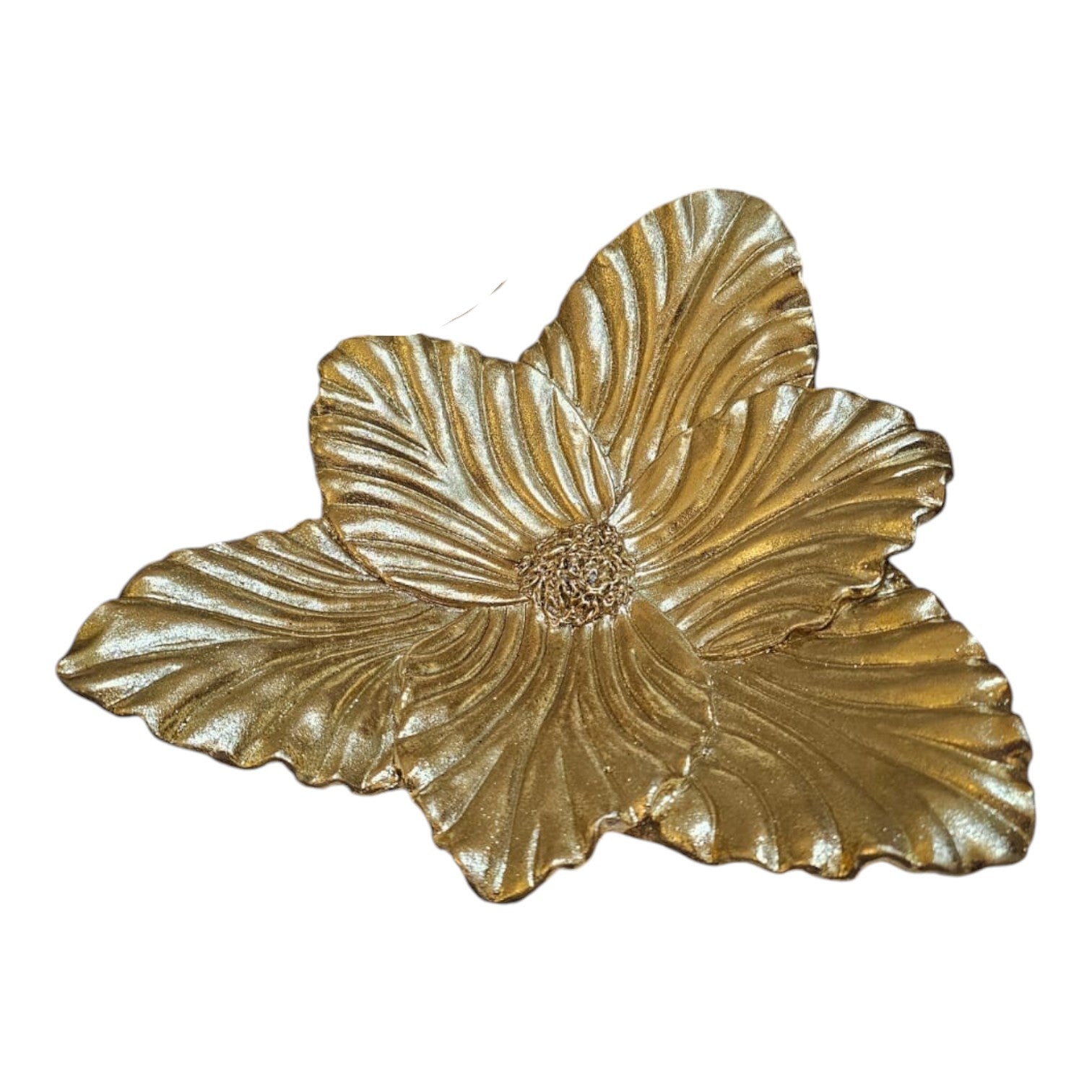 Home Sajawat decorative gold flower bowl with leaf design on a table runner. Features intricate floral details and a lustrous finish.