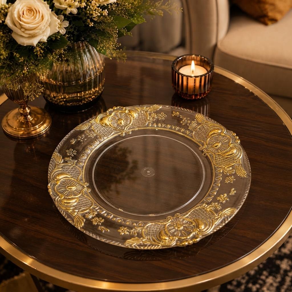 Home Sajawat decorative clear glass charger plate with intricate gold floral embossed rim on a dark round table