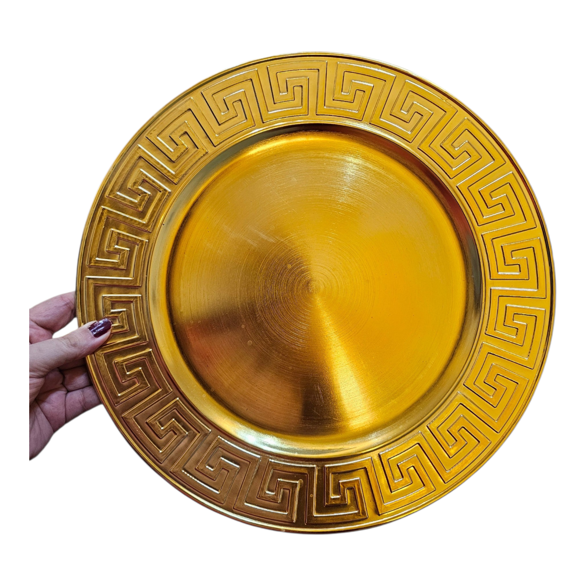 Home Sajawat gold charger plate with a decorative Greek key geometric border pattern for elegant table settings.