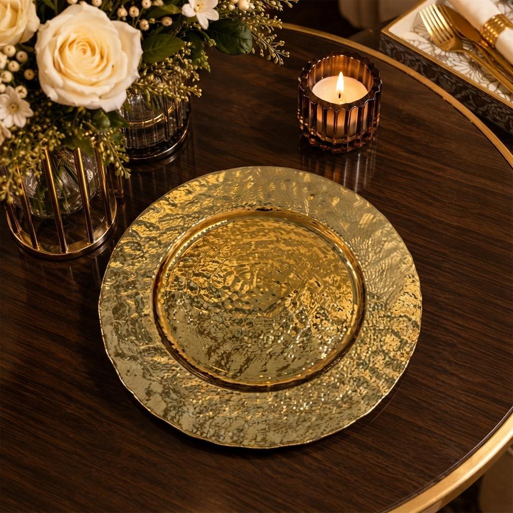 Home Sajawat gold hammered charger plate on a dark wooden table with a floral centerpiece and lit candle