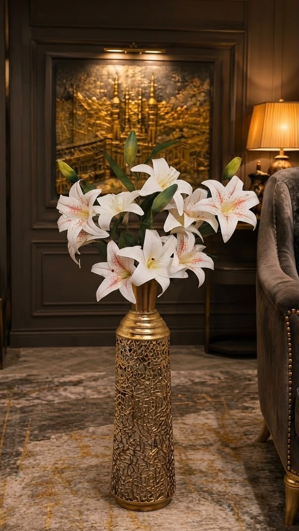 Home Sajawat artificial white lilies with pink speckles in a tall gold metallic lattice floor vase for home decor
