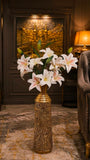 Home Sajawat artificial white lilies with pink speckles in a tall gold metallic lattice floor vase for home decor