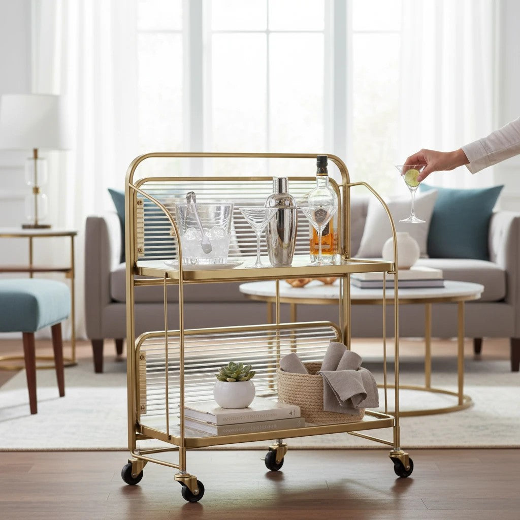 Home Sajawat gold metal two-tier bar cart with clear acrylic shelves and ribbed panels, on wheels.