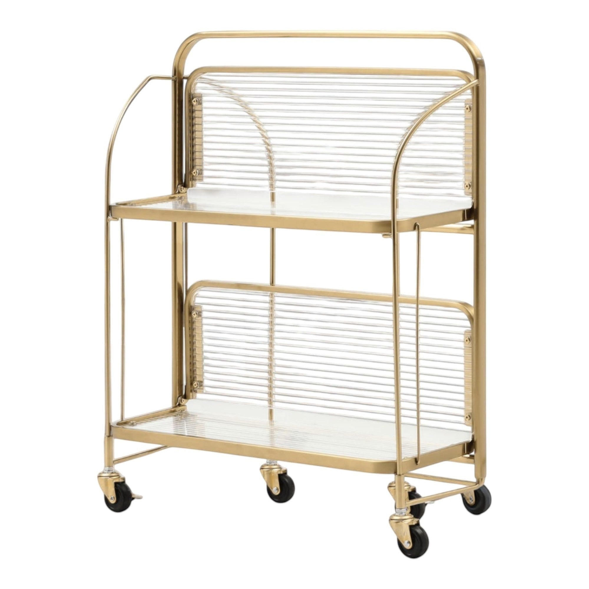 Home Sajawat gold metal two-tier bar cart with clear acrylic shelves and ribbed side panels, on wheels.