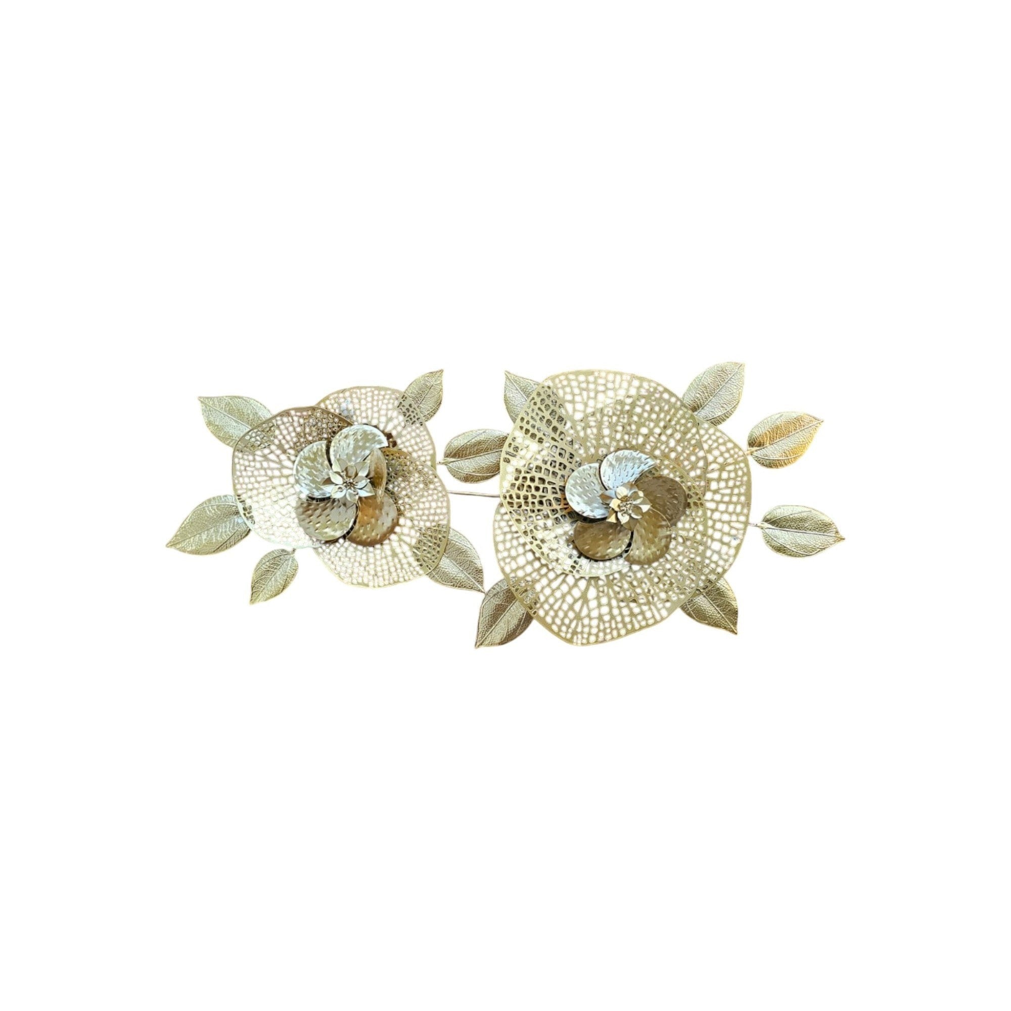 Home Sajawat gold metal wall art sculpture featuring two openwork flowers with textured centers and metallic leaves.