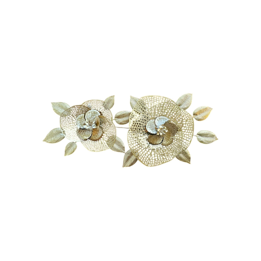 Home Sajawat gold metal wall art sculpture featuring two openwork flowers with textured centers and metallic leaves.