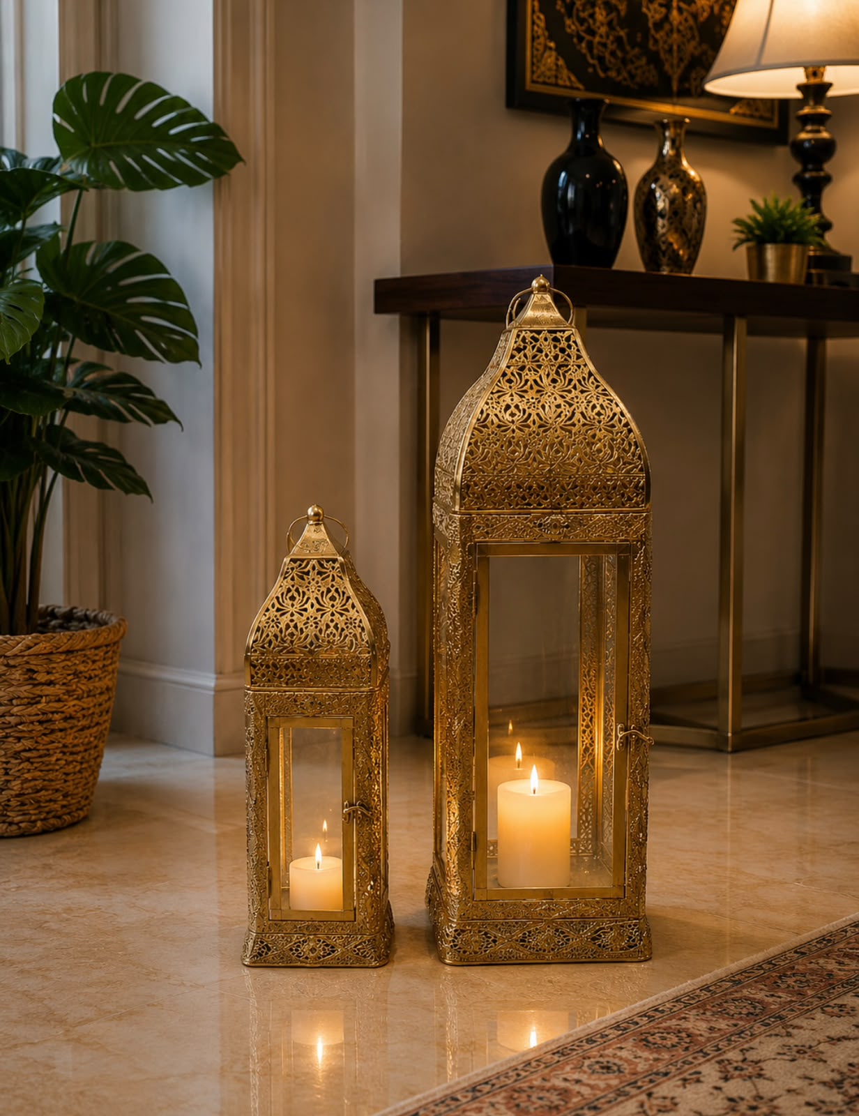 Home Sajawat set of two ornate gold metal Moroccan-style lanterns with intricate filigree and glowing pillar candles.