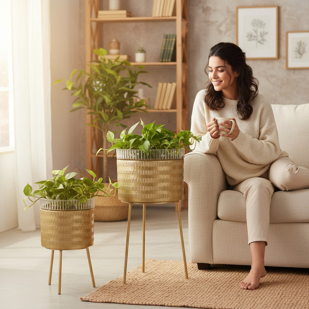 Home Sajawat set of two gold metal planters with white woven rims and textured finish, on slender gold legs.