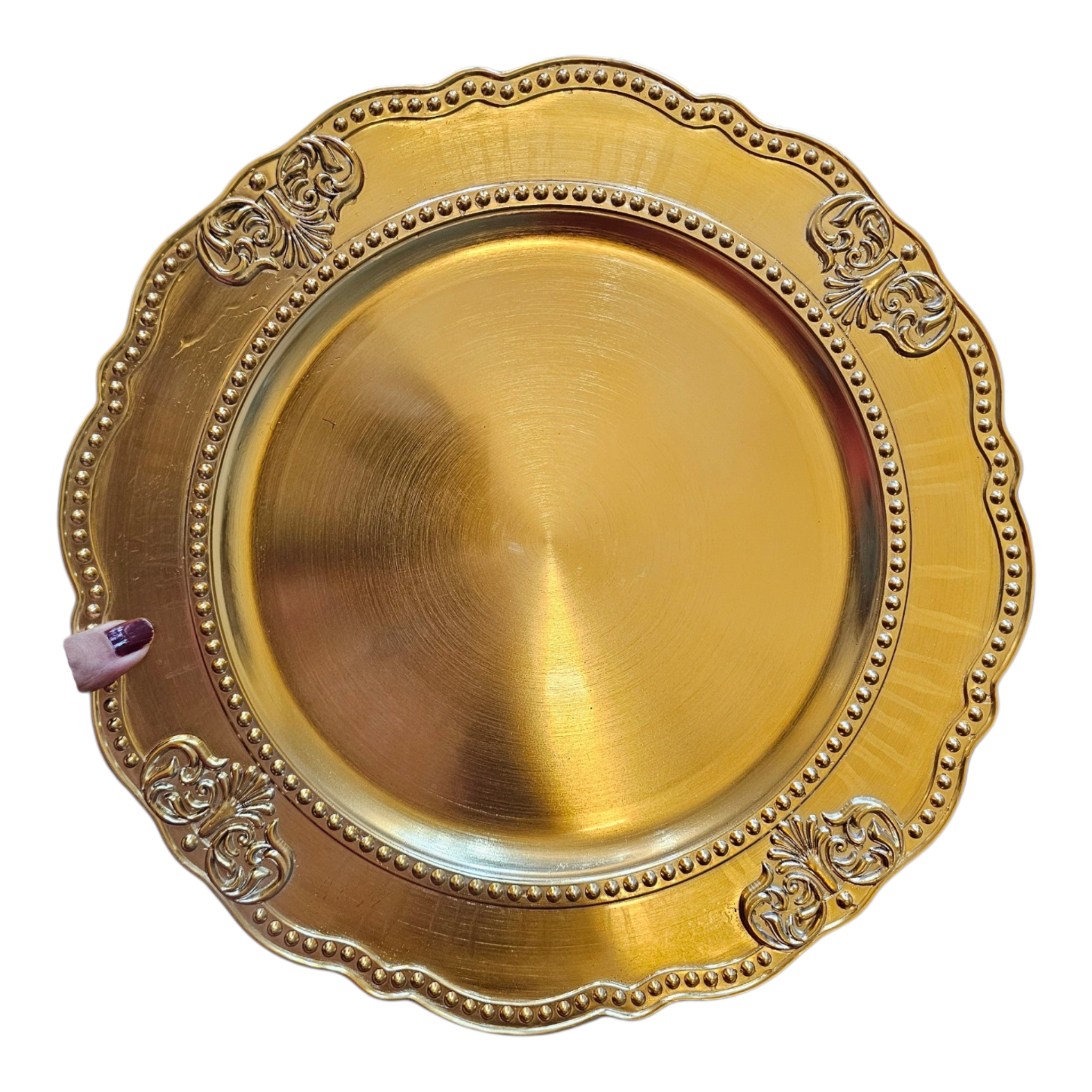 Home Sajawat gold decorative charger plate with ornate scrollwork, beaded rim, and a polished metallic finish.