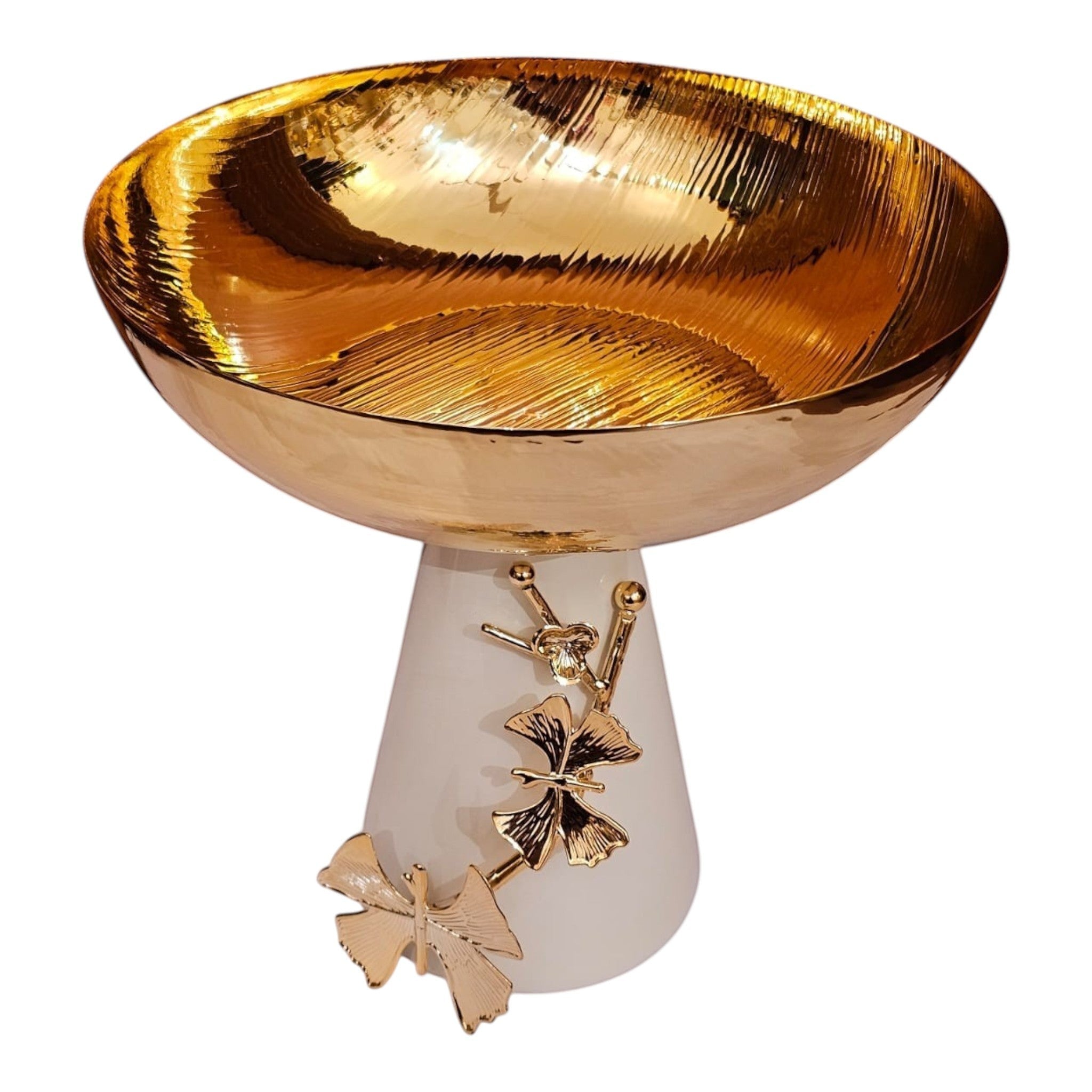 Home Sajawat gold pedestal serving bowl with cream base and nature-inspired metallic butterfly accents