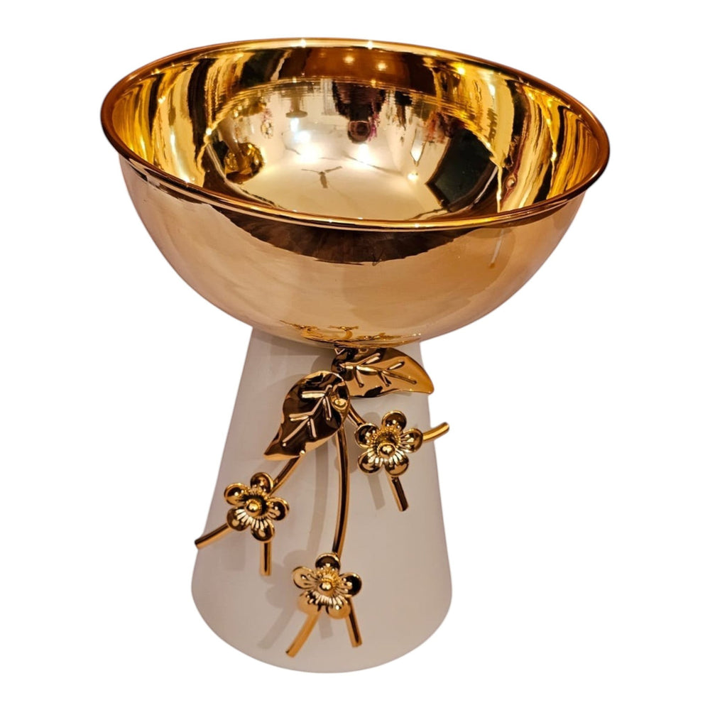 Home Sajawat gold pedestal serving bowl with cream base and nature-inspired floral accents for elegant home decor.