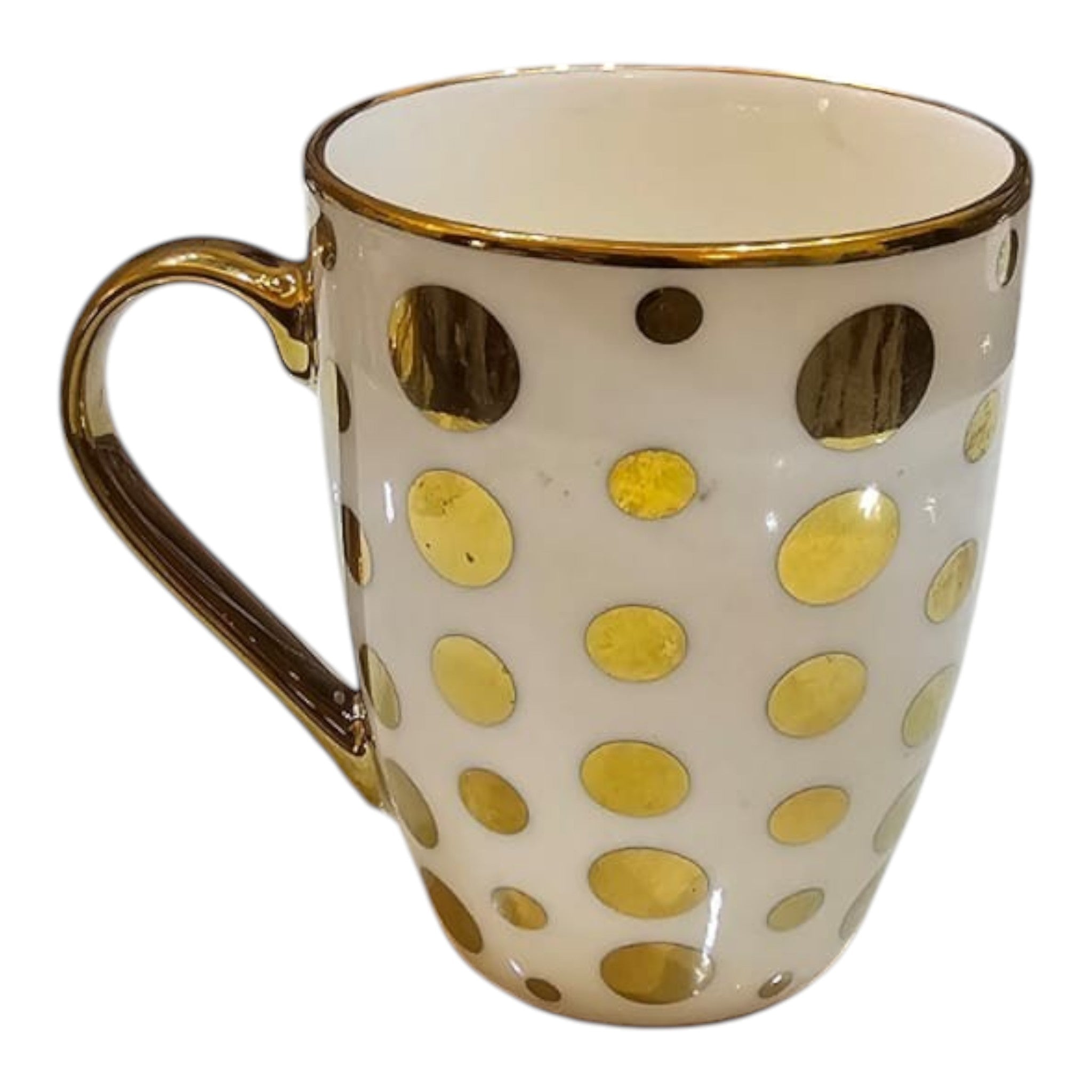 Home Sajawat ceramic coffee mug with white base, gold polka dots, and a metallic gold handle on a white serving tray.