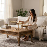 Home Sajawat set of three decorative gold tiered serving stands with textured plates and twisted metal legs.